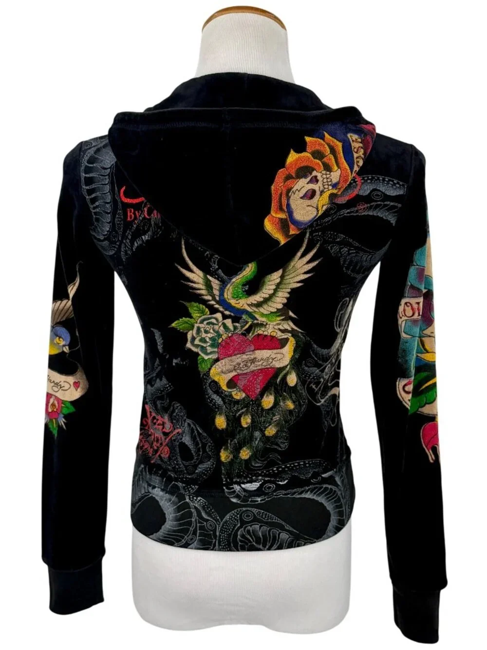 VTG Ed Hardy Black Velour Zip Up Tattoo Hoodie | McBling Indie Sleaze Trashy Y2K - Picture 8 of 16